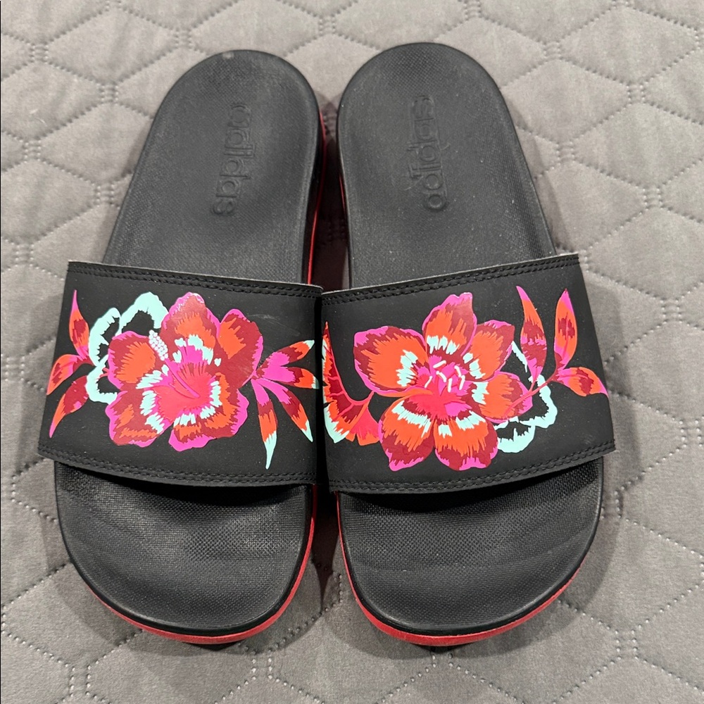 Adidas Women's Black and Red Floral Sandals
